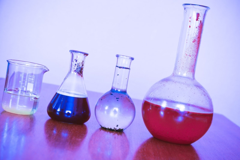 various, beaker, still life, research, laboratory glassware, education, laboratory, purple, 4K, studio shot, blue, flask, chemistry, experiment, scientific experiment