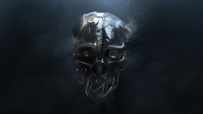 video games, smoke, Corvo Attano, simple background, 3D, digital art, technology, Dishonored, skull, 1080P, metal, wires