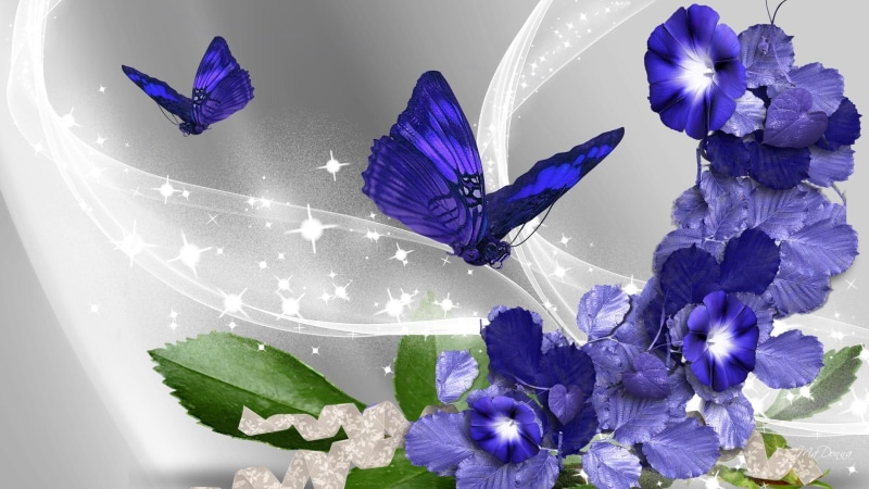 silver satin, summer, flowers, butterflies, sparkle, spring, petunias, 1080P, purple, ribbon, shine, blue