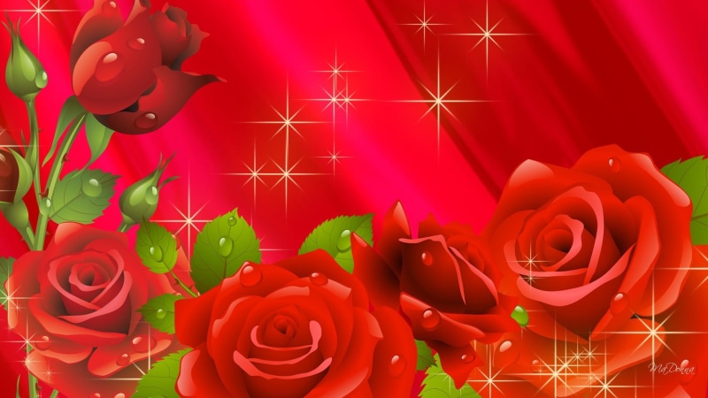 spring, dew drops, stars, bright, valentines day, roses, satin, 3d and abstract, flowers, red, 1080P, rose, summer