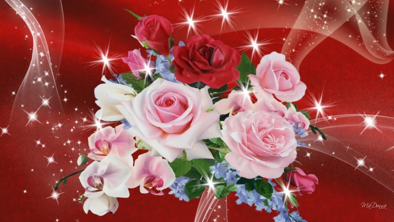 love, flowers, romantic, 1080P, shine, roses, 3d and, silk, valentines day, bouquet, red satin, valentines, stars, gift, sweet peas