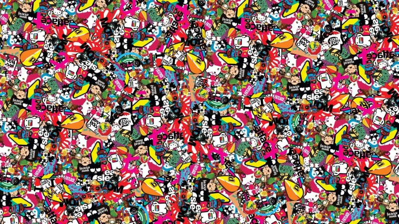 large group of objects, no people, built structure, street art, close-up, pattern, wall - building feature, bombs, Sticker Bomb, variation, multicolored