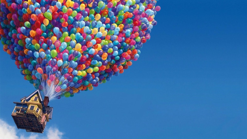 mid-air, blue, lock screen, building exterior, celebration, ballons, copy space, large group of objects, nature, 1080P, built structure, architecture