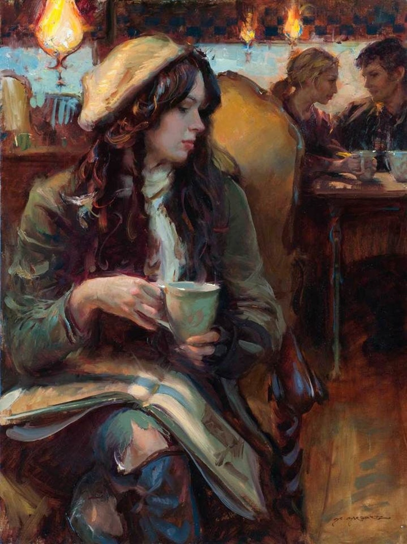 coffee, 1080P, art, girl, painting, Oil, Fine