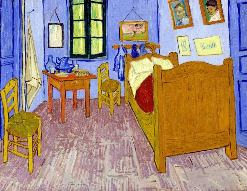 vincent van gogh, creative, mural, fine art, seat, brown, art, impressionism, bedroom, built structure, painting, set, apartment, architecture, wood - material
