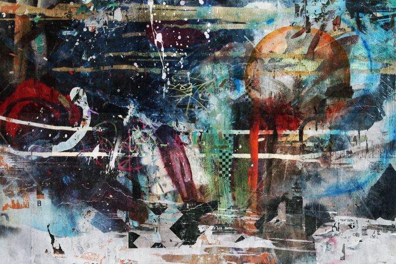 art and craft equipment, no people, paintings, dirt, architecture, oil painting, collage, paint, artwork, textured effect, multi colored, craft, creativity