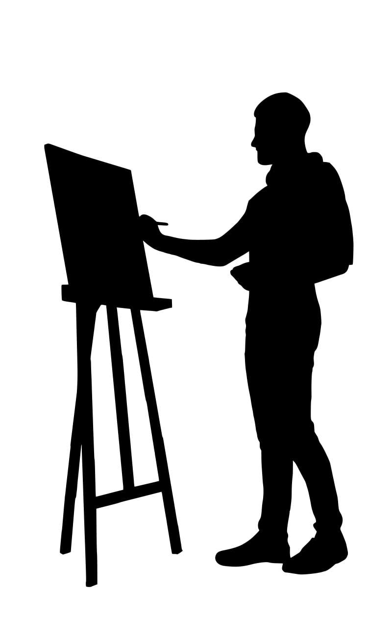 lifestyles, men, one person, full length, musical equipment, occupation, painting, creative, paintbrush, easel, silhouette, studio shot, 4K, young adult