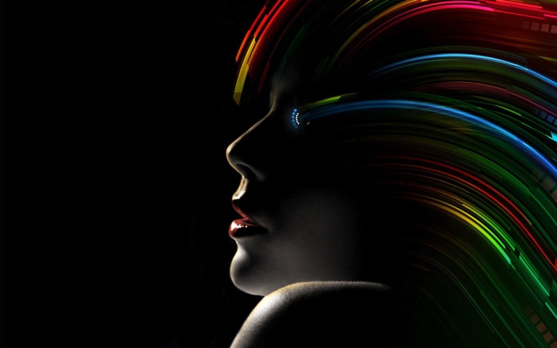 1080P, indoors, profile view, shapes, hair, red, human body part, colorful, one person, body part, women, face, neon, photo, multicolored, digital art