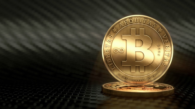 indoors, no people, gold colored, silver colored, studio shot, 1080P, text, metal, still life, wealth, gold, close-up, Bitcoin, black background, shiny