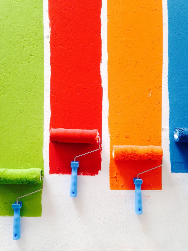 building exterior, hygiene, close-up, rollers, outdoors, 2K, blue, no people, brick, orange color, four, saturated color, day, variation, wall, handled