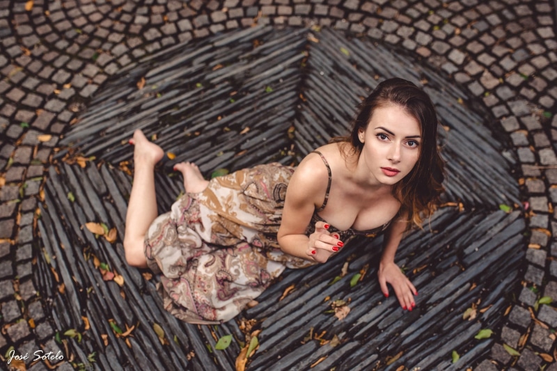 looking at viewer, sitting, dress, women outdoors, cleavage, model, young women, barefoot, Jose Sotelo, beautiful woman, wellbeing, hairstyle, beautiful people