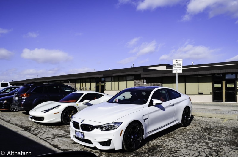 white, sky, street, mode of transportation, building exterior, luxury cars, BMW, blue, stationary, Ferrari 458, consumerism, architecture, 480P, machine