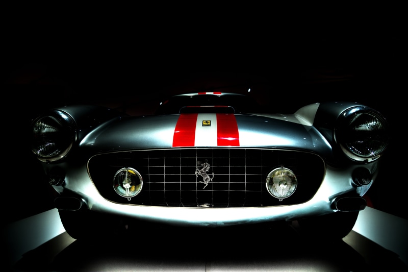 high angle view, close-up, transport, land vehicle, shiny, design, stationary, car, number, 5K, ferrari, mode of transportation, luxury, vehicle, indoors