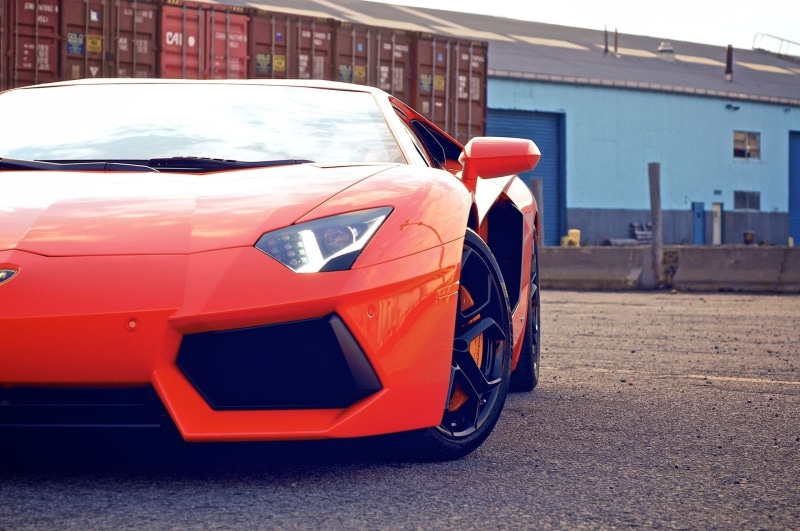 transportation, orange color, mode of transportation, red, sports, daytime, 1080P, building exterior, car, red cars, aventador, Lamborghini, coupe, parking