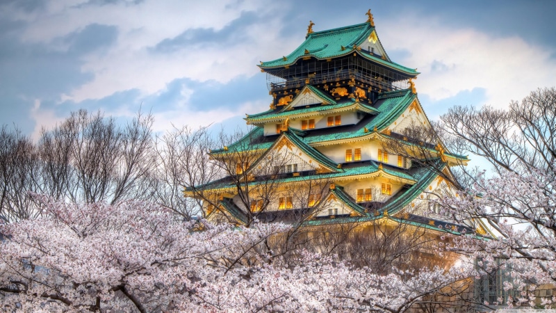 trees, osaka castle, sky, japanese castle, japan, osaka, spring, japanese, 4K, castle
