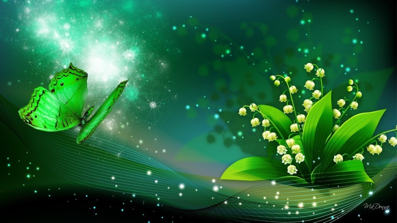3d and abstract, flowers, stars, glow spots, 1080P, shine, valley, sparkle, butterfly, lily, green, lily of the valley