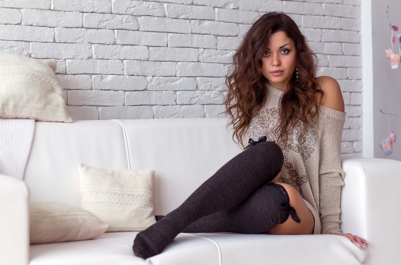 sitting, fashion, young adult, beautiful woman, beauty, young women, looking at viewer, 1080P, brunette, hairstyle, furniture, hair, one person, indoors