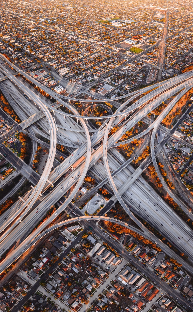 aerial view, sunset, los angeles, road junction, interchange road, 5K, roads, fork