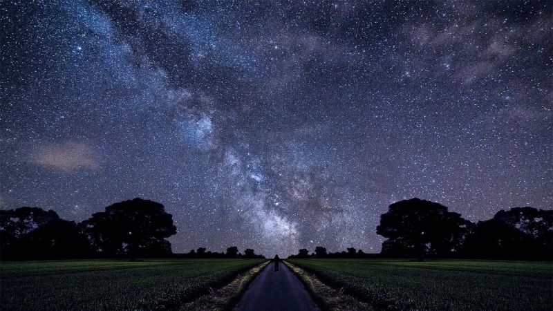 Milky Way, field, road, plant, beauty in nature, star, diminishing perspective, long, astronomy, sky, space, concrete, scenics - nature, stars, tranquil scene
