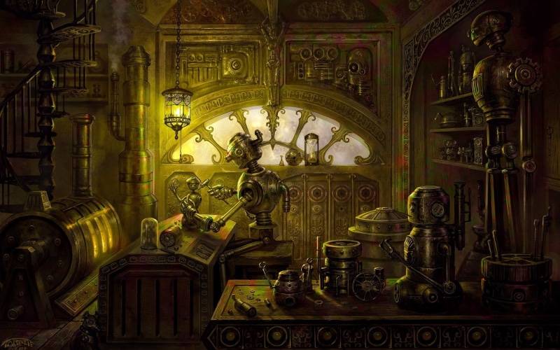 machine, lighting equipment, human representation, representation, indoors, antique, metal, valve, pattern, illustration, workshop, lamp, cultures, decoration