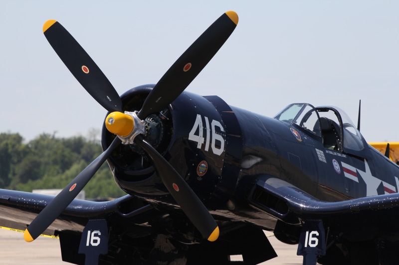 Vought F4U Corsair, black, air force, propeller, aircraft, aerospace industry, focus on foreground, transportation, military, 5K, mode of transportation