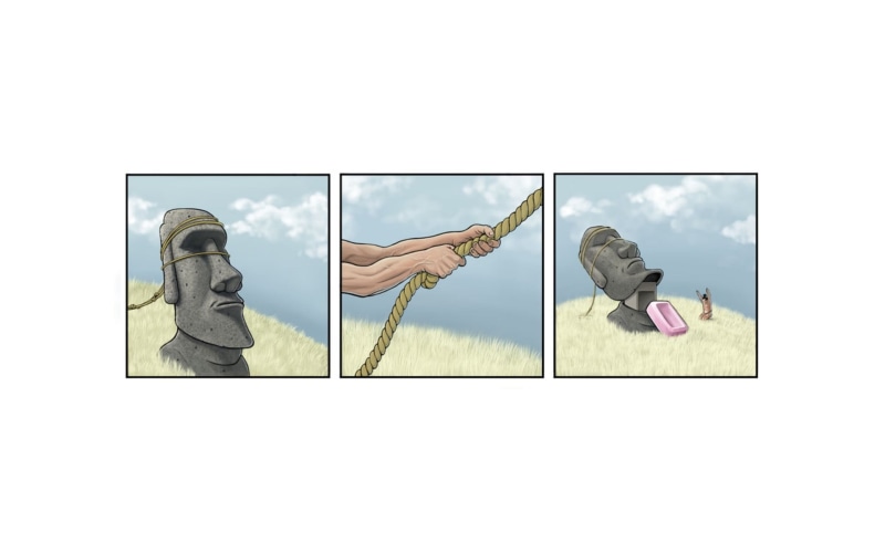 copy space, sky, digital composite, comics, window, candies, male likeness, low angle view, outdoors, studio shot, 1080P, art and craft, humor, rope, statue
