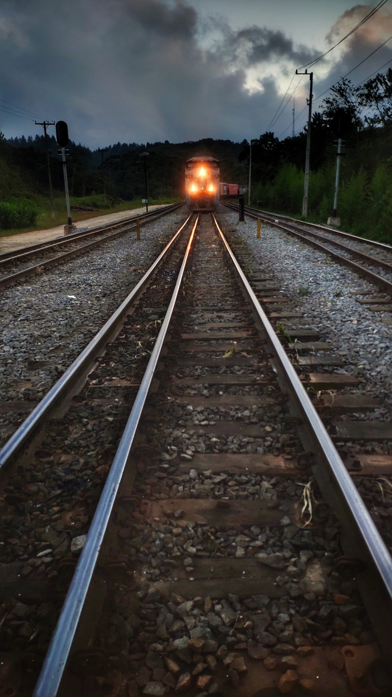 4K, engine, direction, tunnel, vanishing point, no people, sky, brazil, track, slate, cloud - sky, illuminated, road, train station, public transportation