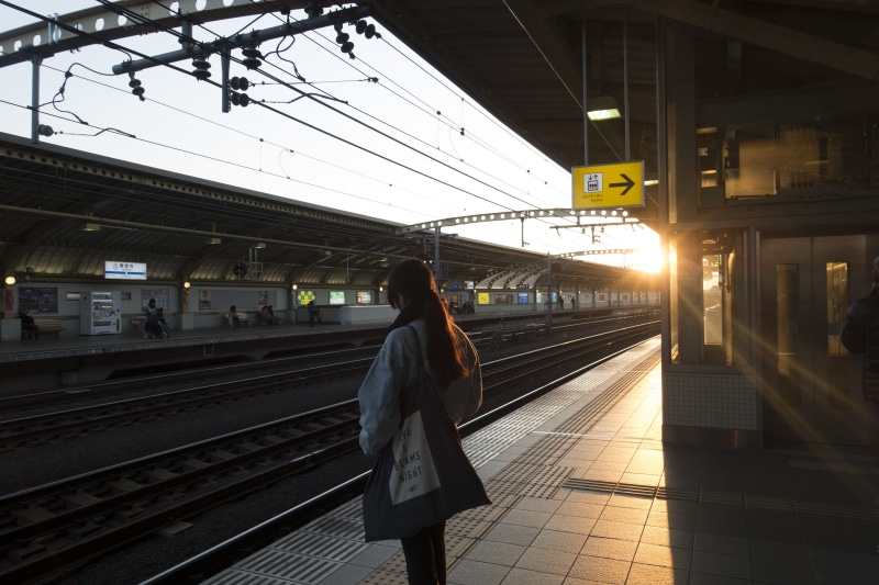 railroad station, japanese, railroad track, commute, architecture, metro, rail, standing, one person, platform, outdoors, railroad station platform, travel
