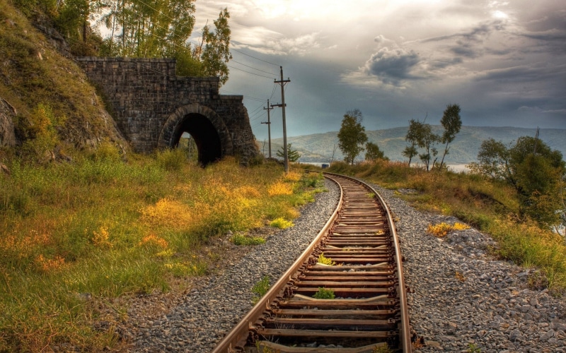 nature, HDR, tunnel, grass, railway, railroad track, 2K