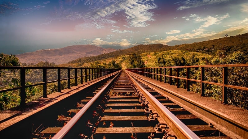 cloud, train track, direction, outdoors, transportation, sky, travel, rail transportation, sunlight, railroad track, no people, 4K, track, transport, tree
