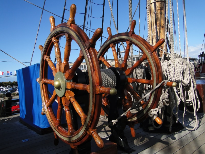 day, water, old rig, sailboat, boat, rigging, helm, outdoors, transportation, marin, mats, tall ship, wheel, port, sky, travel, wood - material, bow, steering wheel