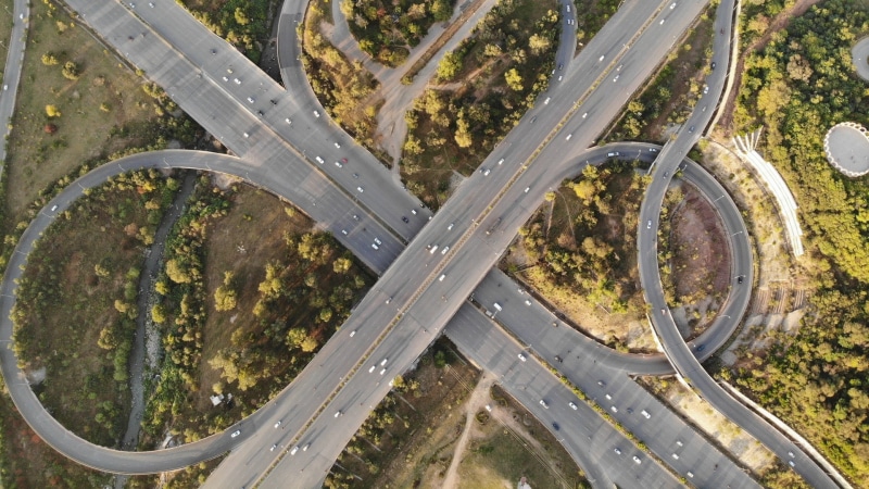 road, traffic, way, car, crossroads, highway, trees, 1080P, aerial view