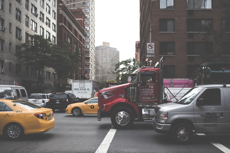 trees, road, car, city, taxi, 4K, vehicle, traffic lights, trucks, traffic, building