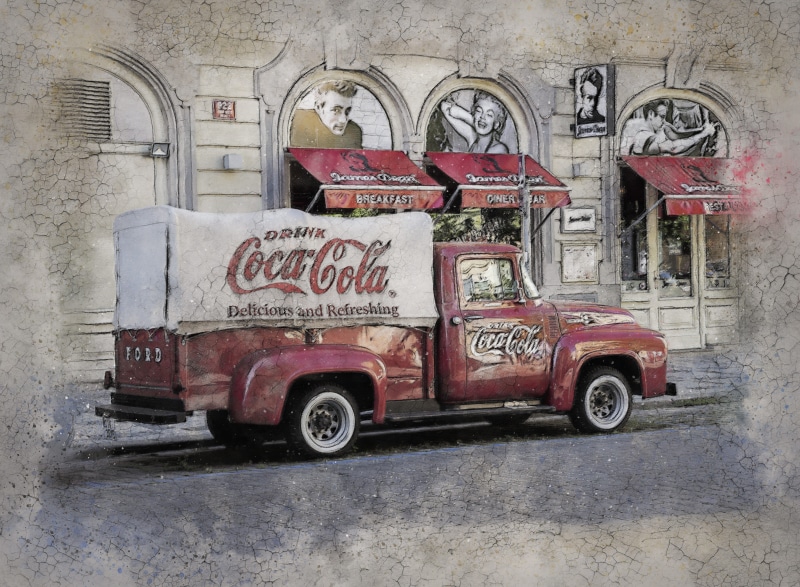 digital manipulation, delivery, red, old, sign, coca cola, day, no people, auto, digital art, wall - building feature, travel, built structure, capital