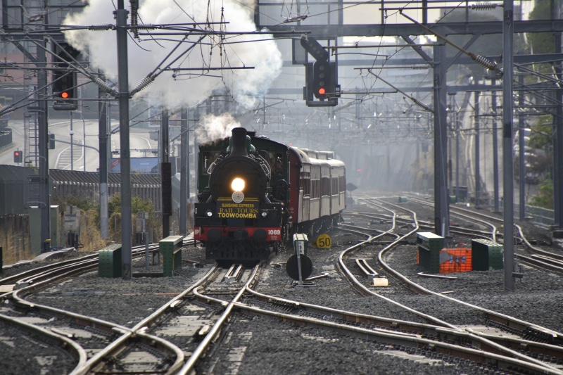 outdoors, 5K, urban, locomotive, steam train, steam, shunting yard, track, trip, journey, railway, nature, rail transportation, modern, line, cable, business