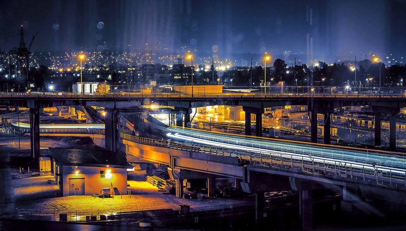 road, building, skytrain, railway, dark, night, cityscape, lighting, dark  blue, Vancouver, second, city  bridge, evening, landscape, streetlights, transportation