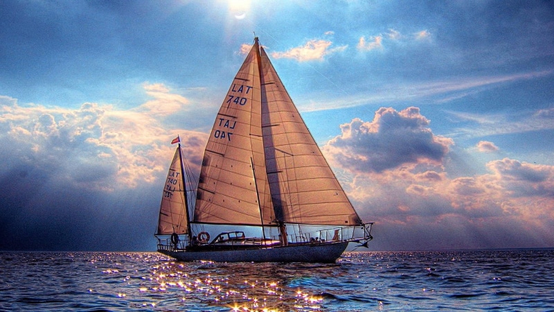 cloud, sunrays, sparkling, rays, sailboat, 1080P, sailing, calm, water, sky, sailing ship, sea, sail