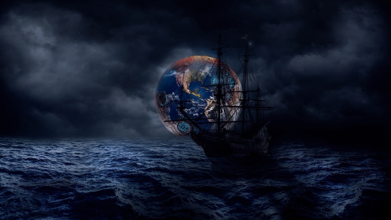 boat, 1080P, water, planet, clouds, sailing ship, dark, night, sea, blue, Pirate ship, digital art, ship, space