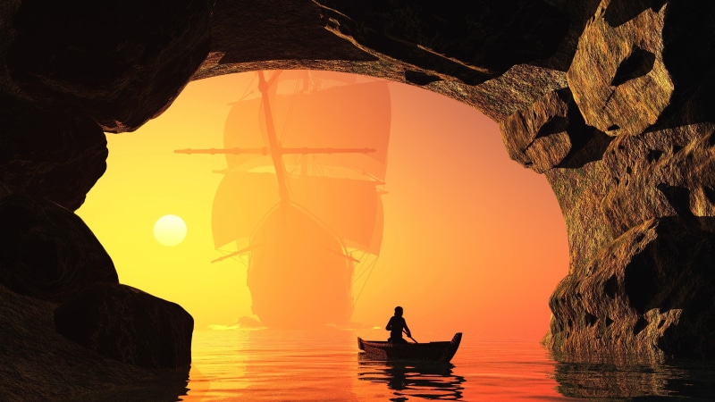 silhouette, evening, calm, rigged, rigged ship, sailing ship, 4K, sky, water, boat, sun, heat, cave, reflection, sea cave, sea, ship, schooner, masted