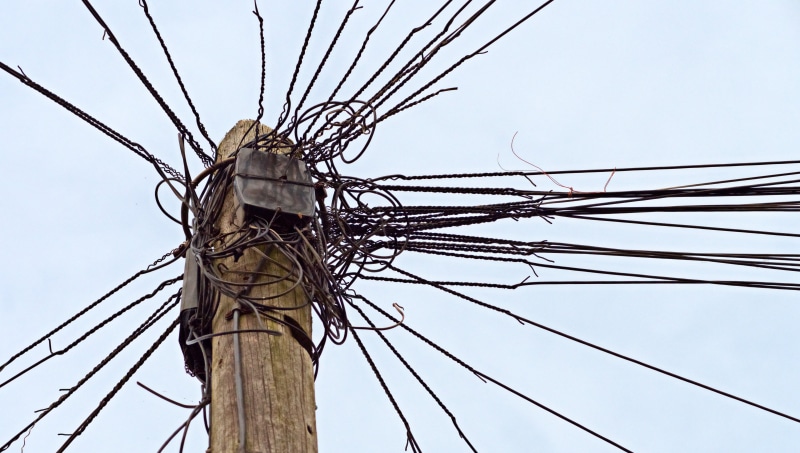 power, power line, confusion, wire, connect, excess, phone, connection, post, telecommunication, low angle view, online, too much, telegraph, cable, mess