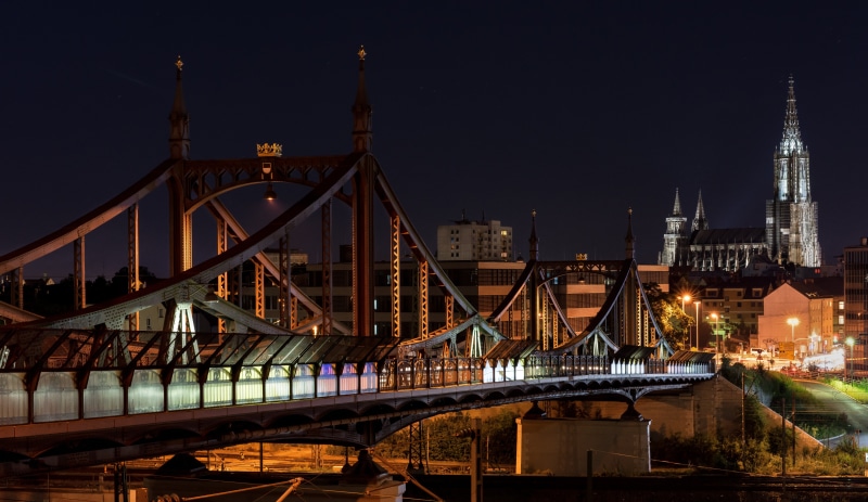 ulm, skyscraper, bridge - man made structure, 5K, connection, built structure, tower, suspension, outdoors, transportation, near, church ulm, spire, steeple