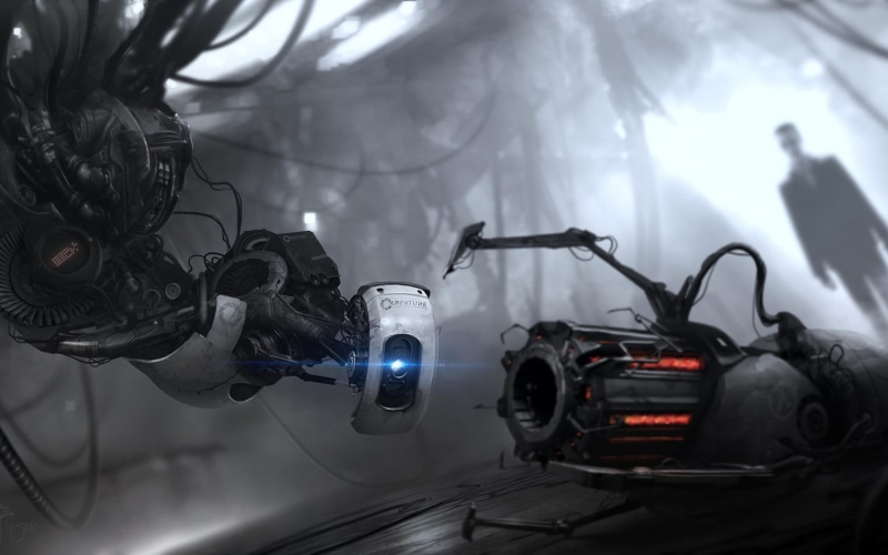 no people, 720P, land vehicle, video games, motorcycle, Portal 2, indoors, equipment, G-Man, focus on foreground, machine part, machinery, lighting equipment