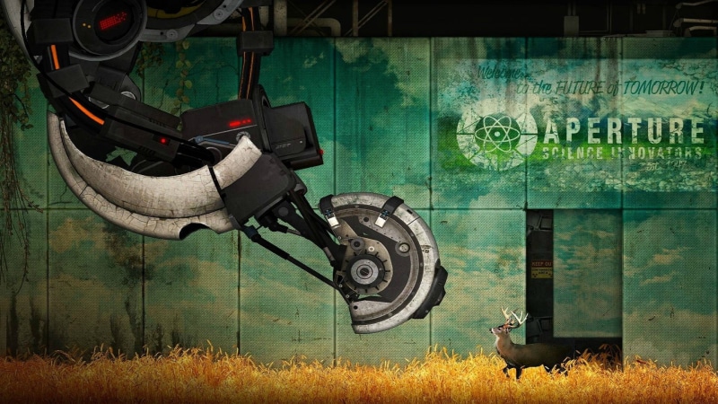 humor, sunlight, technology, Portal (game), green color, no people, GLaDOS, mode of transportation, portal, accuracy, artwork, transportation, day, land