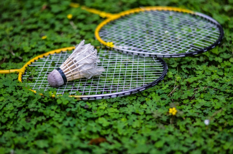 no people, growth, two, tennis, racket, selective focus, nature, leaf, rackets, shuttlecock, 4K, yellow, close-up, outdoors, still life, focus on foreground