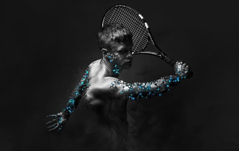 one person, black hair, 1080P, elegance, adult, fashion, simple background, indoors, men, portrait, shirtless, black background, tennis rackets, creativity