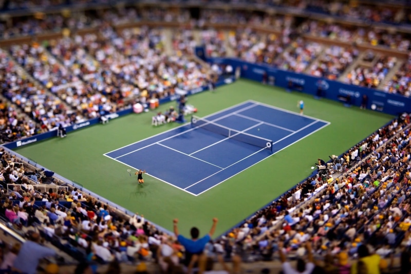 watching, high angle view, spectator, group of people, Maria Sharapova, green, tennis courts, lifestyles, athlete, playing Field, team sport, USA, sport