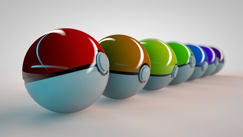 ball, multi colored, blue, close-up, reflection, no people, sphere, still life, variation, cut out, Pokémon, three dimensional, 1080P, pokeball, studio shot