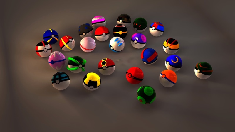 large group of objects, directly above, copy space, purple, 1080P, studio shot, no people, Pokémon, geometric shape, multi colored, pokemon, assorted