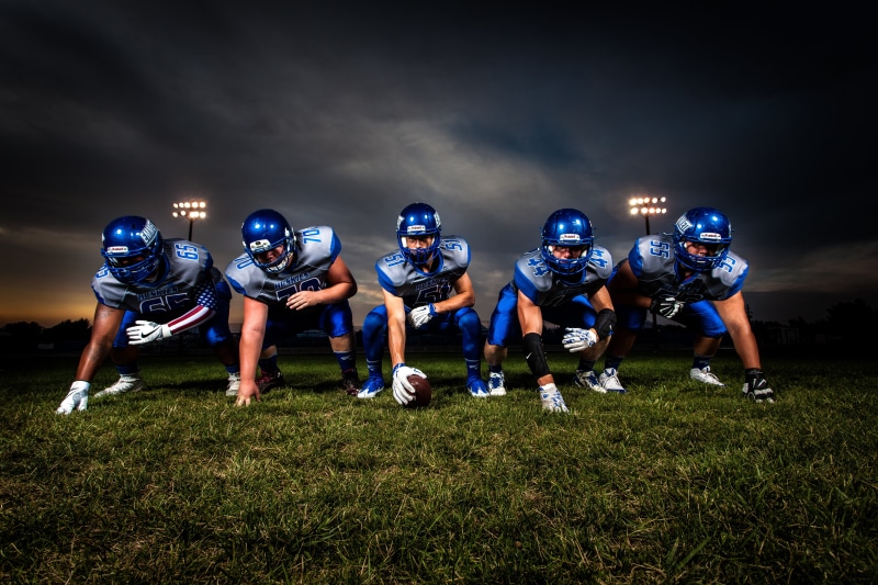 american football team, headwear, american football - sport, teamwork, stadium, determination, sports uniform, night, competition, five, team, ball, preparation