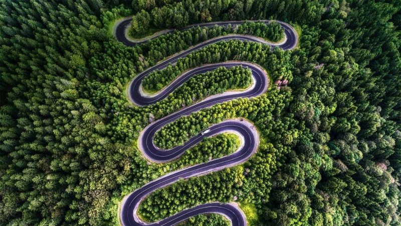 trees, landscape, road, 1080P, birds eye view, forest, aerial view, hairpin turns, nature